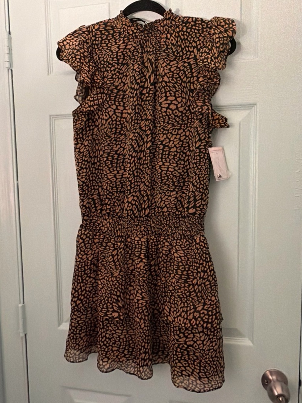 1. State Black and Tan Leopard Print Ruffle Mini Dress